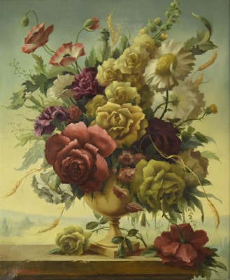Lot 218 - R T Horley (20th Century) Still Life with Roses, Poppies, Sweet Williams and Daisies in a Vase