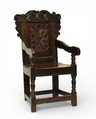 Lot 284 - A 17th century oak wainscot chair, dated 1687