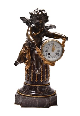 Lot 273 - A large and impressive French bronze, marble and ormolu figural mantel clock