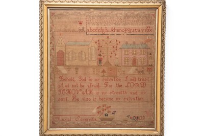 Lot 244 - William IV Folk Art Church & House / Royal Sovereign sampler, dated 1833