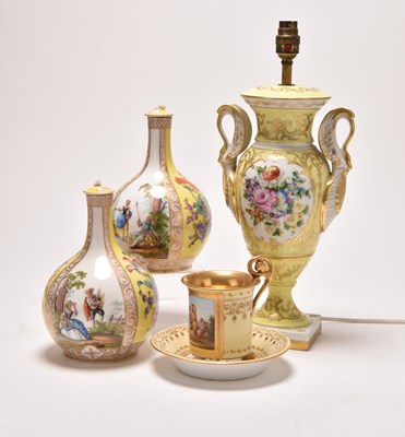 Lot 103 - A Helena Wolfsohn (Dresden) cabinet cup and saucer with pair of vases and a Limoges lamp