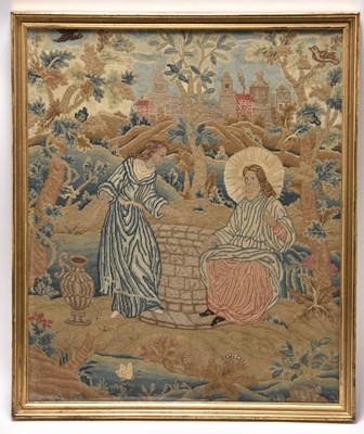 Lot 241 - Needlework picture of Christ appearing to a Sumerian woman at a well, circa 1710-30