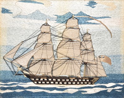 Lot 242 - Sailor's woolwork of a three-masted Man-of-War, circa 1860