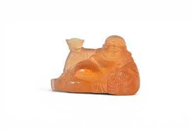 Lot 12 - French Daum pate de verre amber glass model of the 'Laughing Buddha', boxed