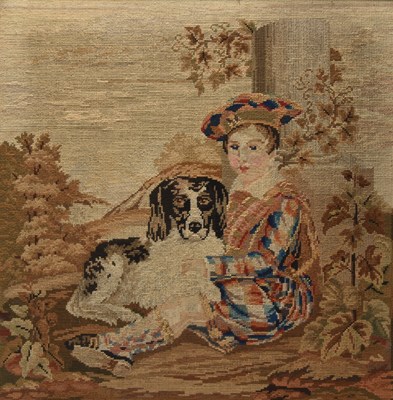 Lot 260 - Victorian needlepoint tapestry of a child with a Landseer-type dog, mid-19th century