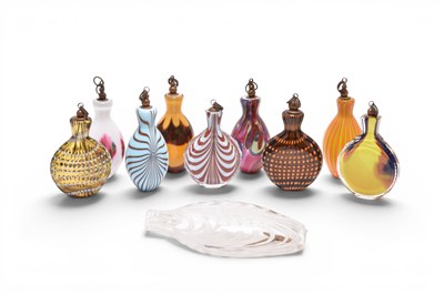 Lot 3 - A Victorian Nailsea flask with nine 20th-century colourful scent bottles