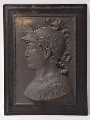 Lot 233 - A pair of cast iron panels depicting Greek busts